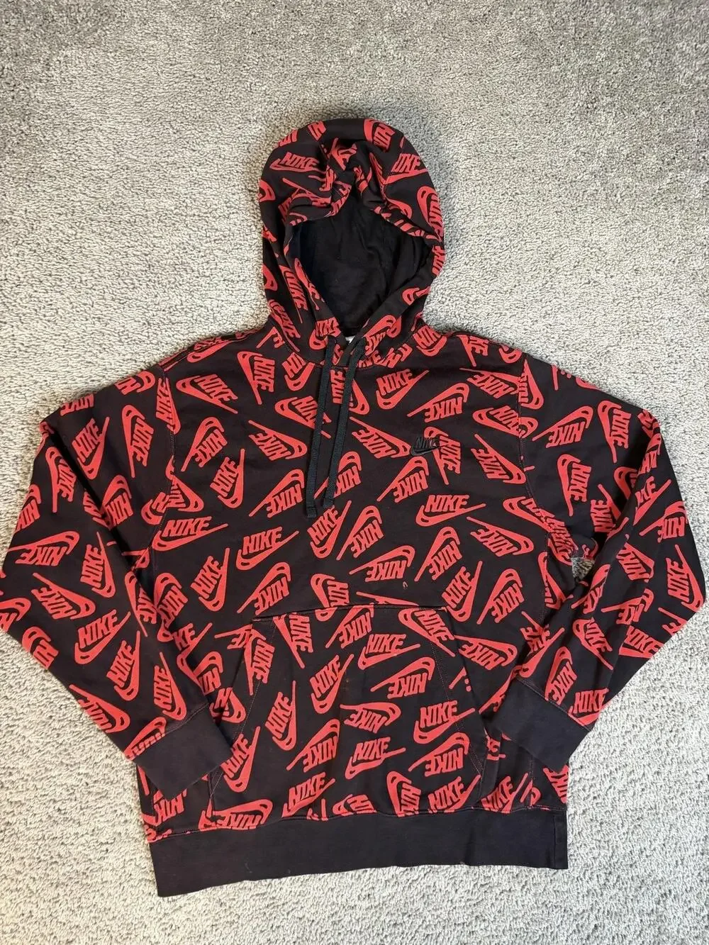 Nike Hoodie Mens M Black Pullover Hooded Drawstring Pockets Graphic Print Lined